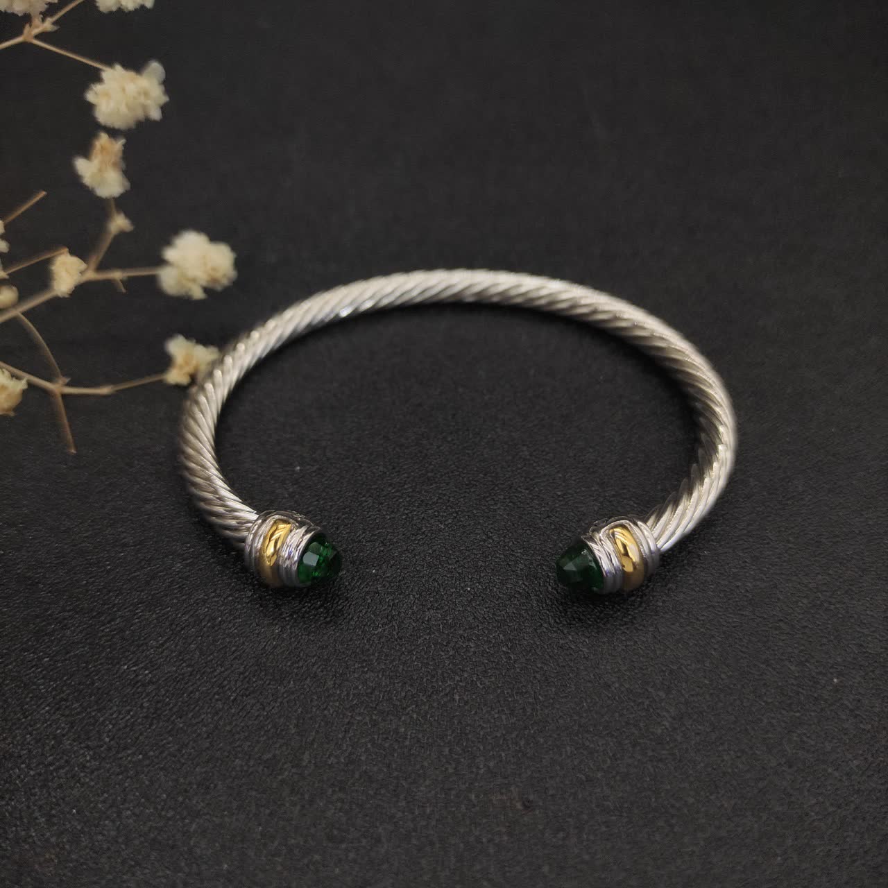 David Yurman Silver Cable Wire Bangle with Emerald Beads